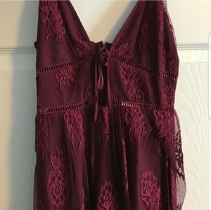 Burgundy lace maxi dress with front tie